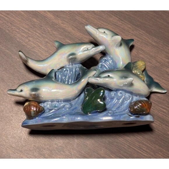 Porcelain Dolphin Figurine Ocean Waves Sculpture - Picture 1 of 9